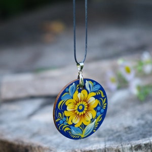 Wooden Ukrainian necklace, Hand-painted blue and yellow flower pendant, Lightweight Ukraine folk art charm, Petrykivka painted necklace image 6