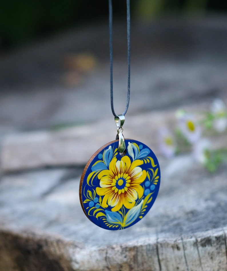 Wooden Ukrainian necklace, Hand-painted blue and yellow flower pendant, Lightweight Ukraine folk art charm, Petrykivka painted necklace image 6