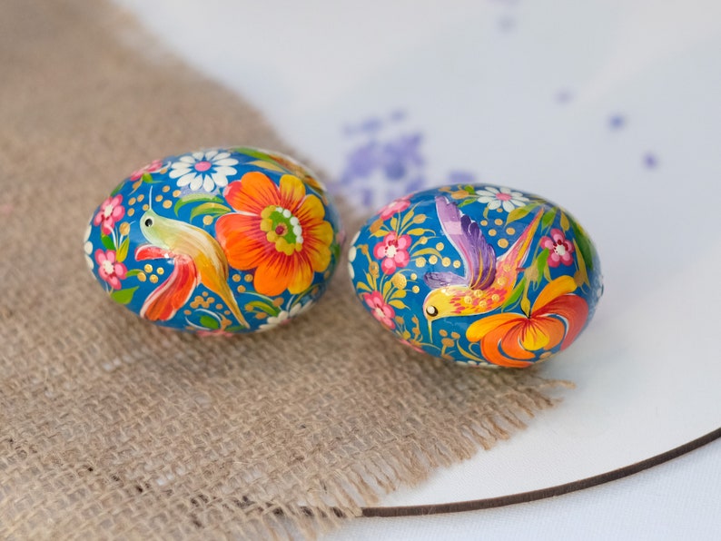 Ukrainian Easter eggs, Hummingbird Easter eggs set, Ukrainian Pysanky eggs set, Hand painted wooden eggs, Petrykivka Decorative egg ornament zdjęcie 7