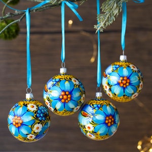 Set of 4 Painted Ukrainian Christmas Ornaments, Handmade Blue & Yellow Flower Christmas Ball Ornaments 2.4 in with Petrykivka Art
