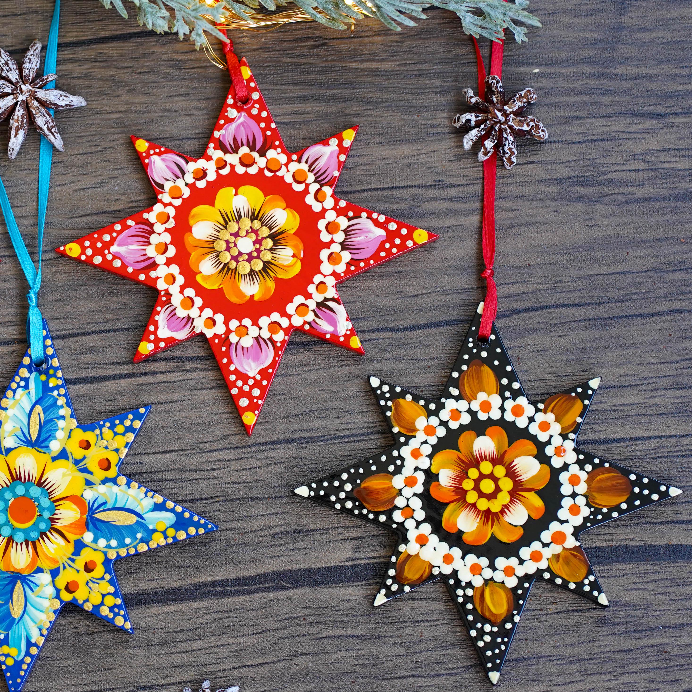 Set of 4 Hand-painted Wooden Star Christmas Ornaments - Handmade