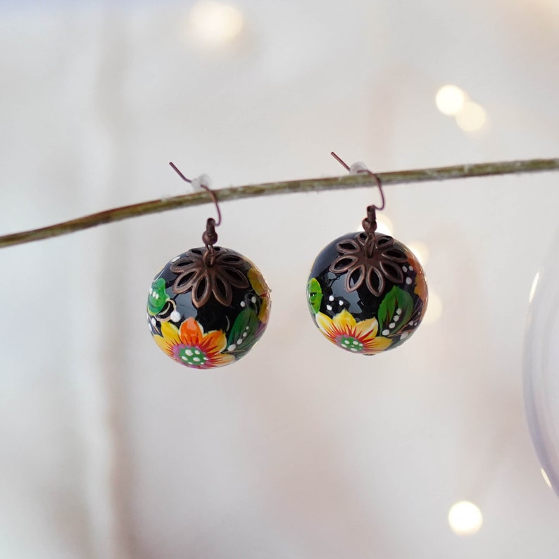Lightweight sunflower earrings, Painted Ukrainian dangle earrings, Yellow flower wooden earrings Ukrainian jewelry, Petrykivka earrings image 7
