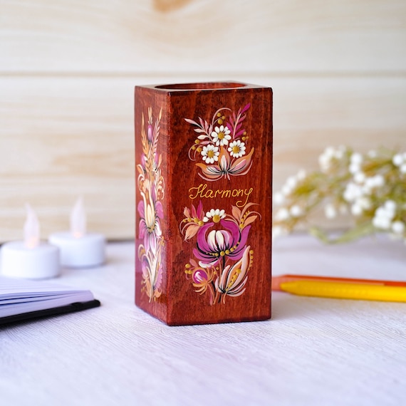 Personalized Wooden Pencil Holder - Handmade Pen Holder Pink