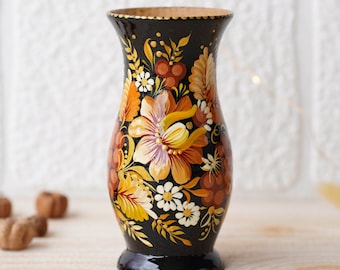 Hand-painted Wooden Vase 4.7 in - Personalized Vase, Beige Flower Ukrainian Folk Art Petrykivka Vase, Small Vase for Dried Flowers