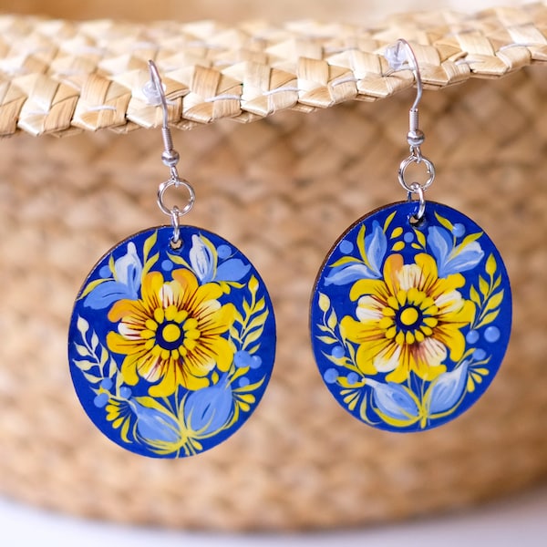 Ukrainian dangle earrings, Hypoallergenic wooden earrings, Blue and yellow earrrings, Lightweight circle earrings, Petrykivka flower earring