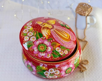 Ukraine jewelry box 5.1 in, Unique wooden trinket box, Ukraine folk art box, Red flower Petrykivka box, Ukrainian fairy bird box