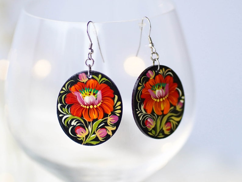 Hypoallergenic lightweight earrings, Painted Ukrainian dangle earrings, Red flower wooden earrings Ukrainian jewelry, Petrykivka earrings image 3