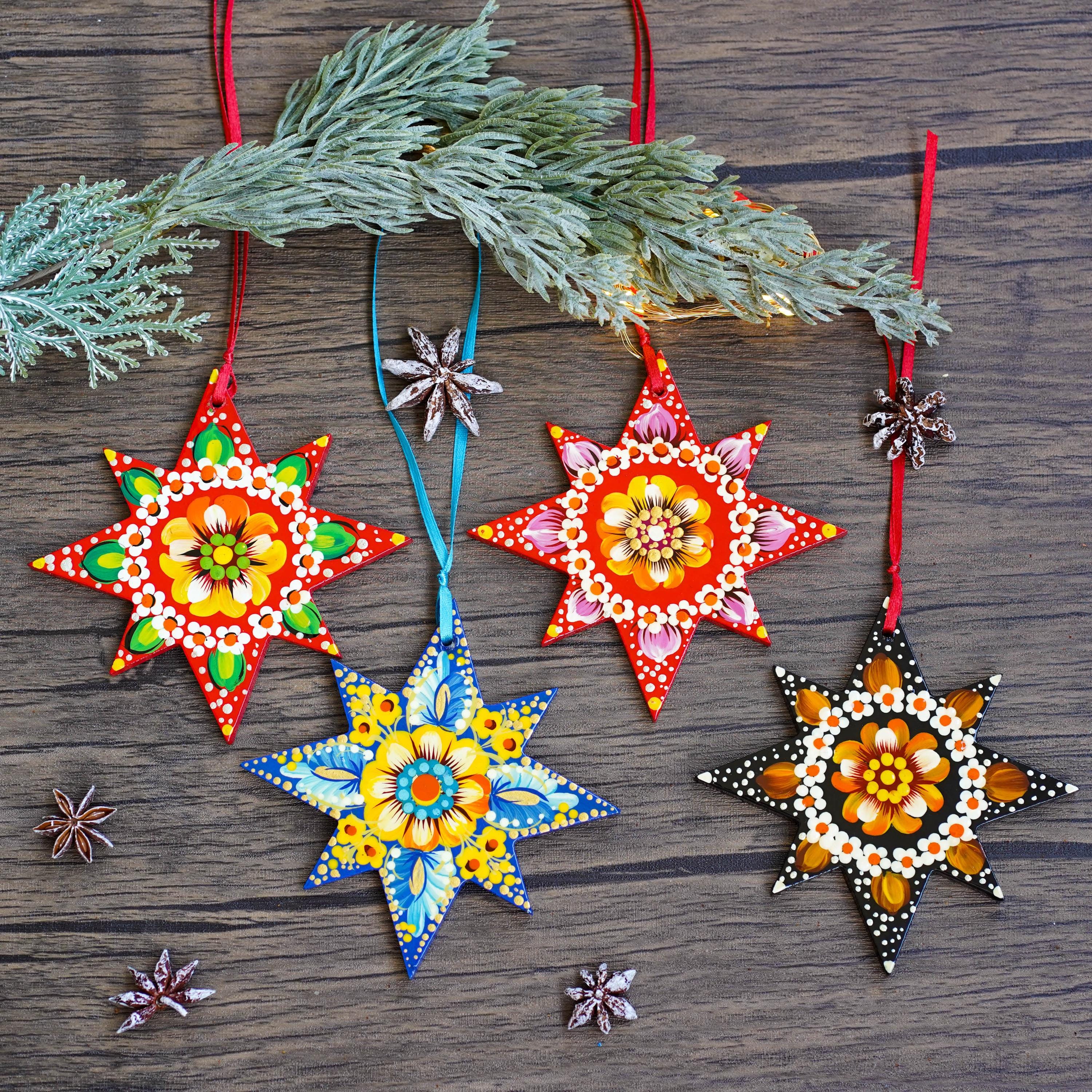 Set of 4 Hand-painted Wooden Star Christmas Ornaments - Handmade
