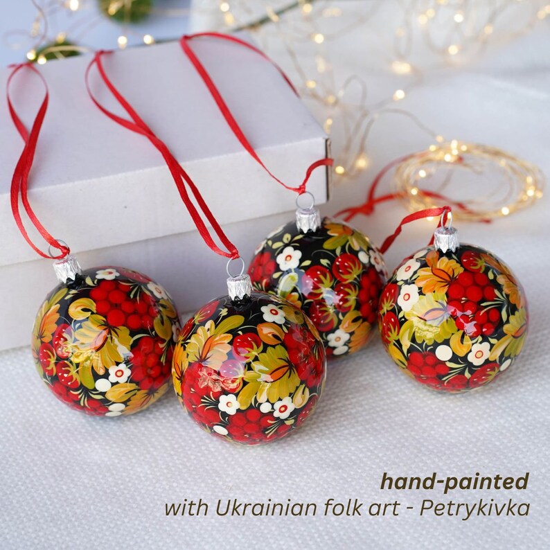 Christmas ornament set of 4 Hand-painted Ukrainian Christmas ornaments 2.4 in Handmade Strawberry tree balls set, Petrykivka baubles set image 4