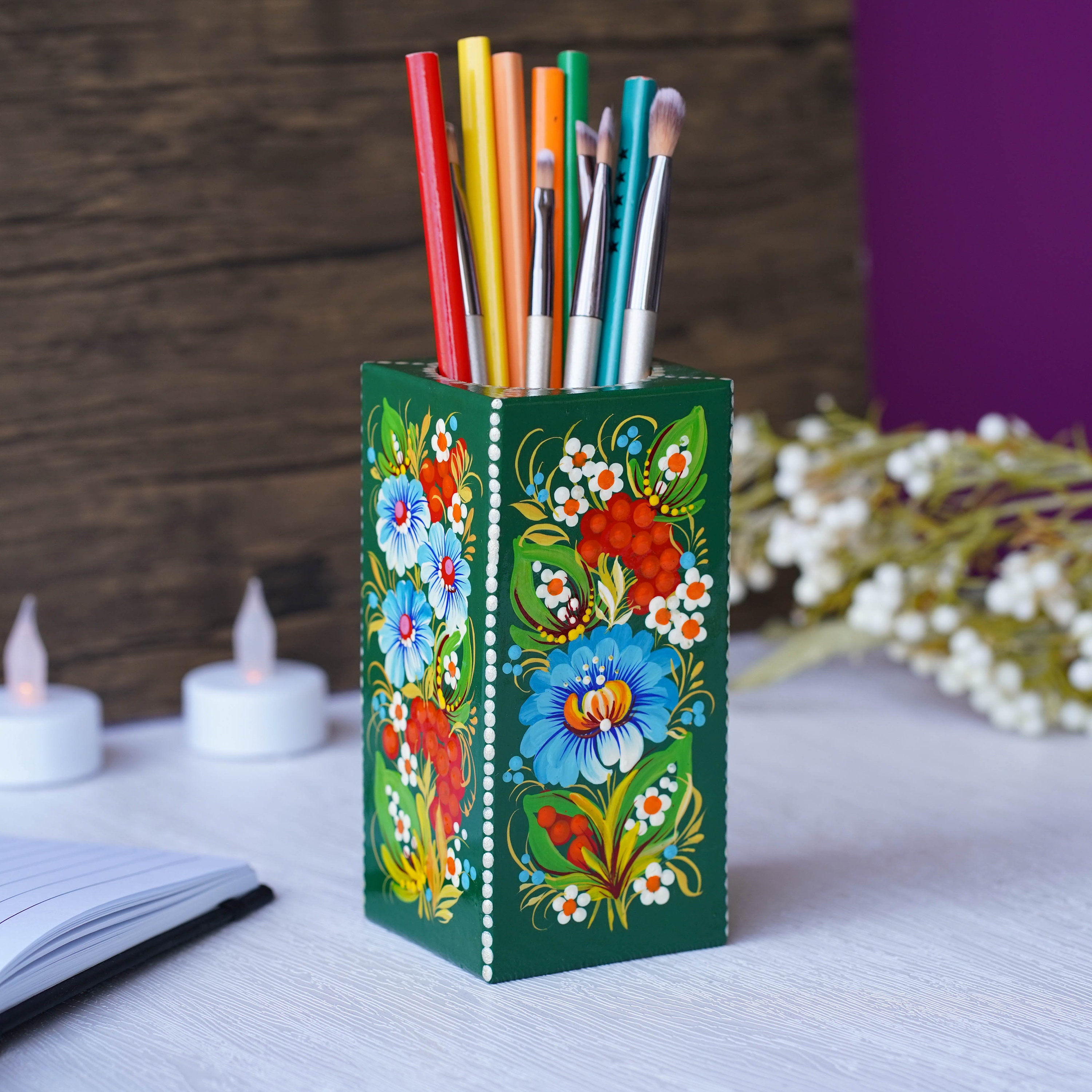 Wooden Pencil Holder - Handmade Pen Holder Emerald Green, Hand