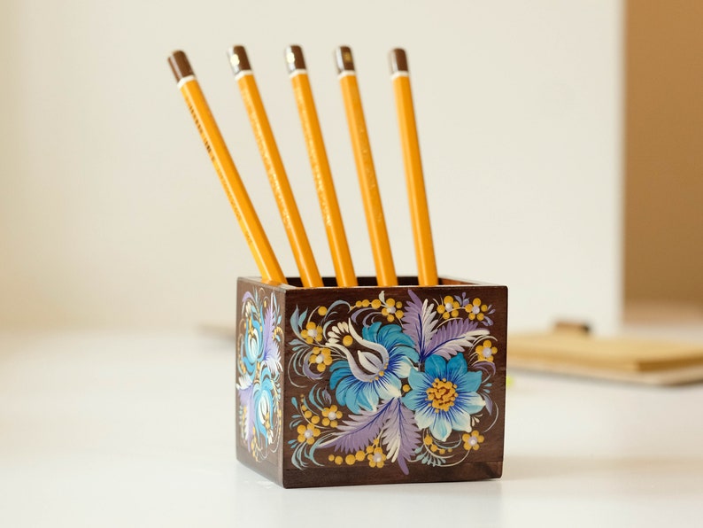 Wooden Pencil Holder Unique Pencil Cup Blue Flower Desk - Etsy