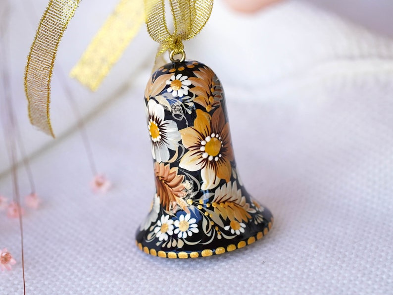 Ukrainian Christmas bell ornament Hand-painted wooden tree decoration, Ukrainian Christmas ornament personalized with Petrykivka art image 8