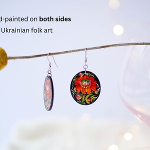 Hypoallergenic lightweight earrings, Painted Ukrainian dangle earrings, Red flower wooden earrings Ukrainian jewelry, Petrykivka earrings image 6
