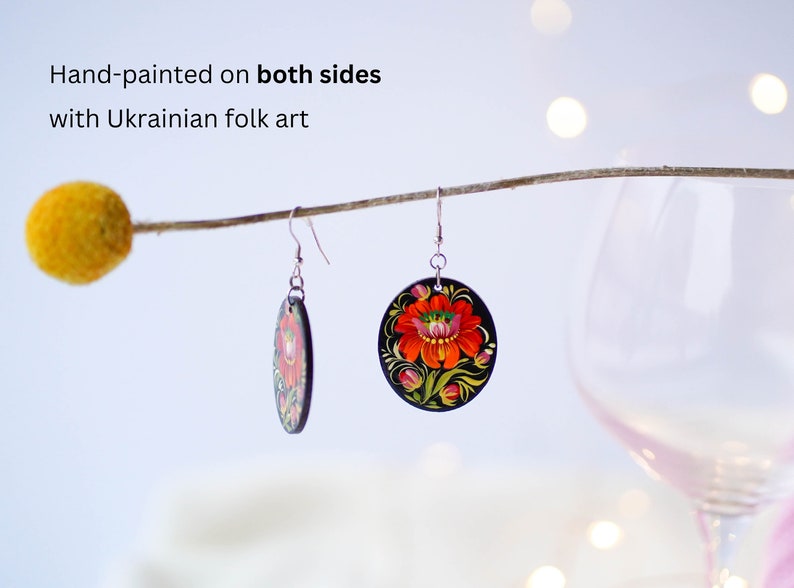 Hypoallergenic lightweight earrings, Painted Ukrainian dangle earrings, Red flower wooden earrings Ukrainian jewelry, Petrykivka earrings image 6