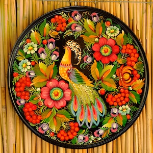 Decorative wooden plate 11.8 in, Hand-painted Ukrainian wall plate, Fairy bird plate painted with Petrykivka painting, Ukraine folk plate