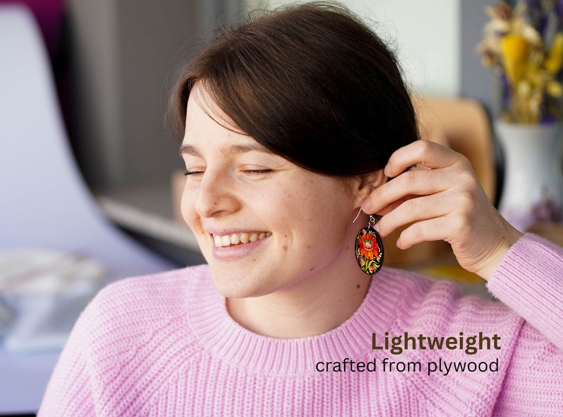 Hypoallergenic lightweight earrings, Painted Ukrainian dangle earrings, Red flower wooden earrings Ukrainian jewelry, Petrykivka earrings image 5