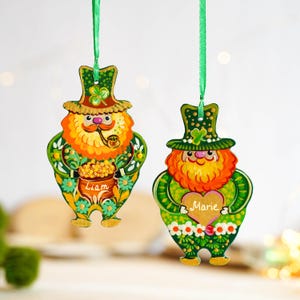 Personalized Painted Wooden Leprechaun Ornament - Ukrainian Petrykivka Art St Patrick&#39;s Day Decor, Handmade Irish Keepsake Gift
