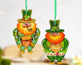 Personalized Painted Wooden Leprechaun Ornament - Ukrainian Petrykivka Art St Patrick's Day Decor, Handmade Irish Keepsake Gift