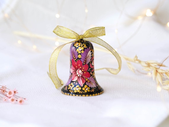 Ukrainian Christmas bell ornament, Hand-painted wooden tree decoration, Pink & purple flower Ukrainian Christmas ornament personalized