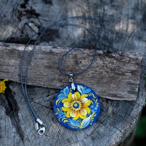 Wooden Ukrainian necklace, Hand-painted blue and yellow flower pendant, Lightweight Ukraine folk art charm, Petrykivka painted necklace image 9