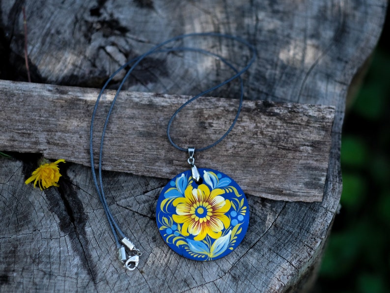 Wooden Ukrainian necklace, Hand-painted blue and yellow flower pendant, Lightweight Ukraine folk art charm, Petrykivka painted necklace image 9