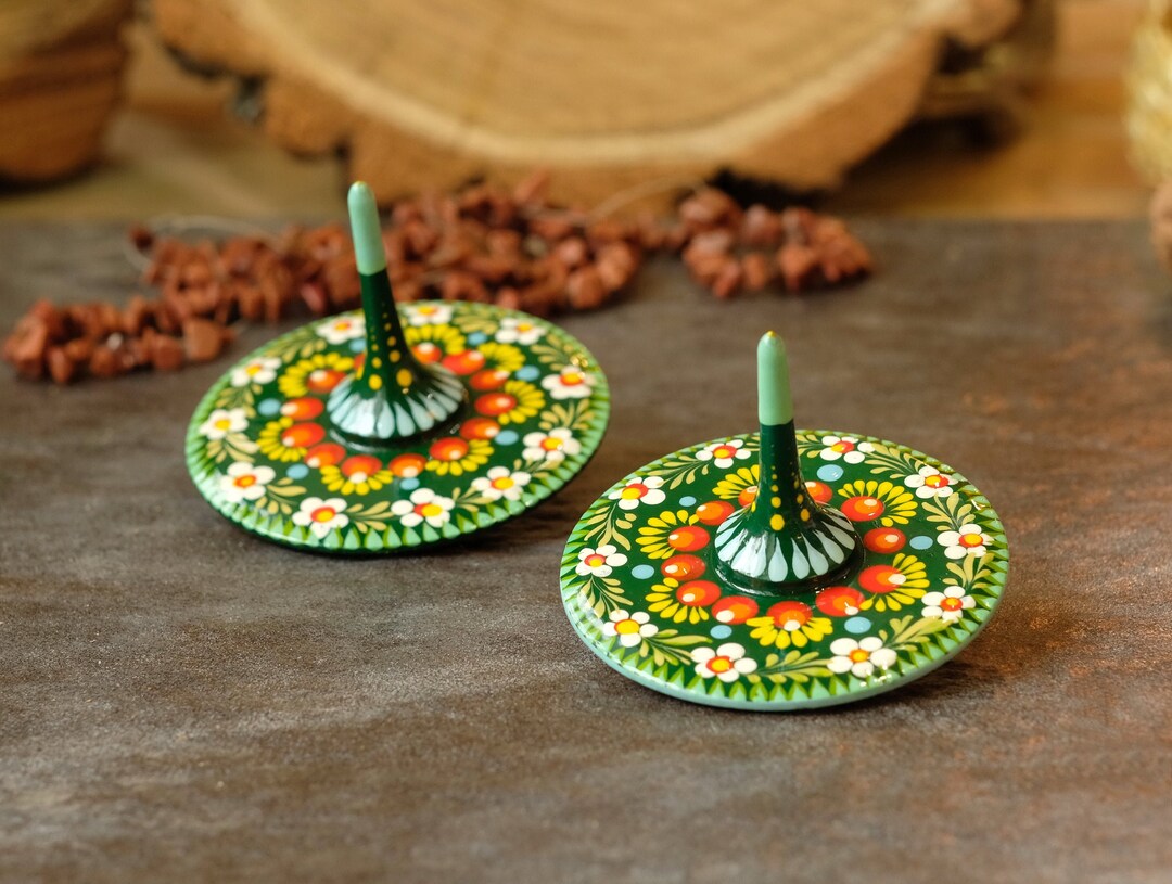 Hand Painted Wooden Green Flower Spinning Top, Ukrainian