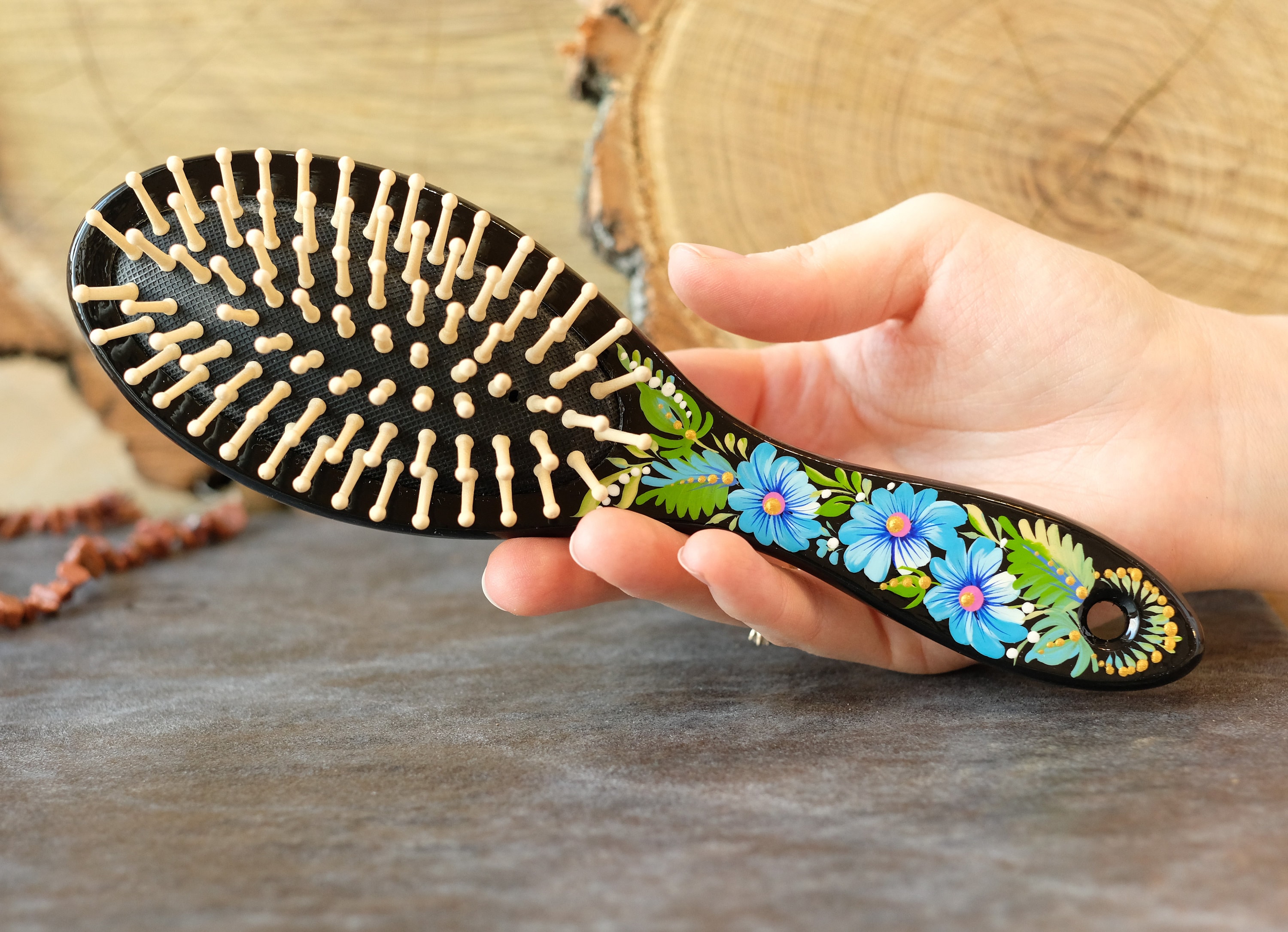Paddel Haarbürste Aus Holz – Mit Weichen Silikon-Zähnen, Rutschfestem Griff, Perfekt Zum Glätten, Entwirren & Kopfhaut-Massage, 25x8 Cm