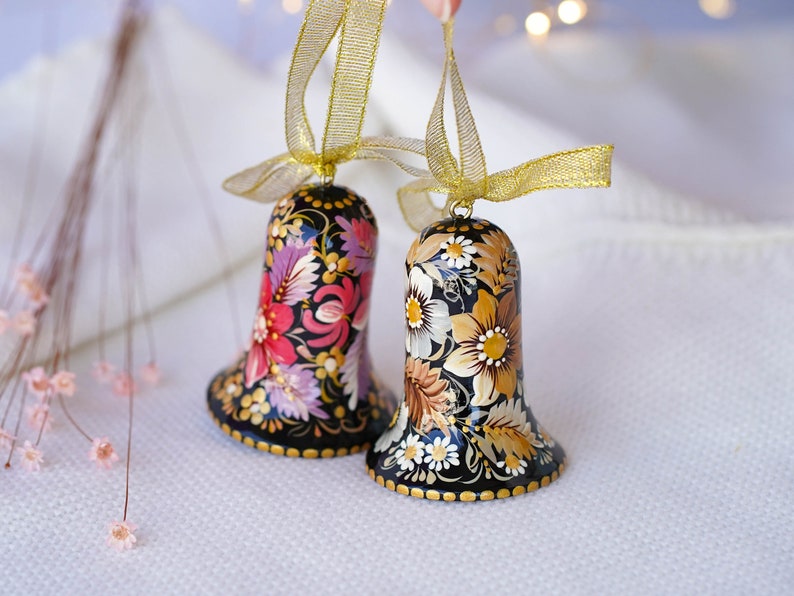 Ukrainian Christmas bell ornament Hand-painted wooden tree decoration, Ukrainian Christmas ornament personalized with Petrykivka art image 9