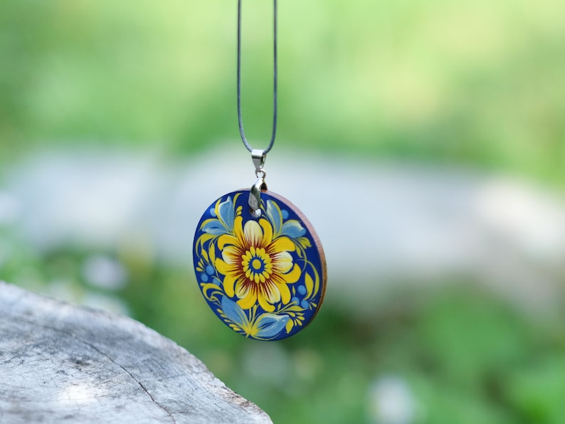 Wooden Ukrainian necklace, Hand-painted blue and yellow flower pendant, Lightweight Ukraine folk art charm, Petrykivka painted necklace image 7