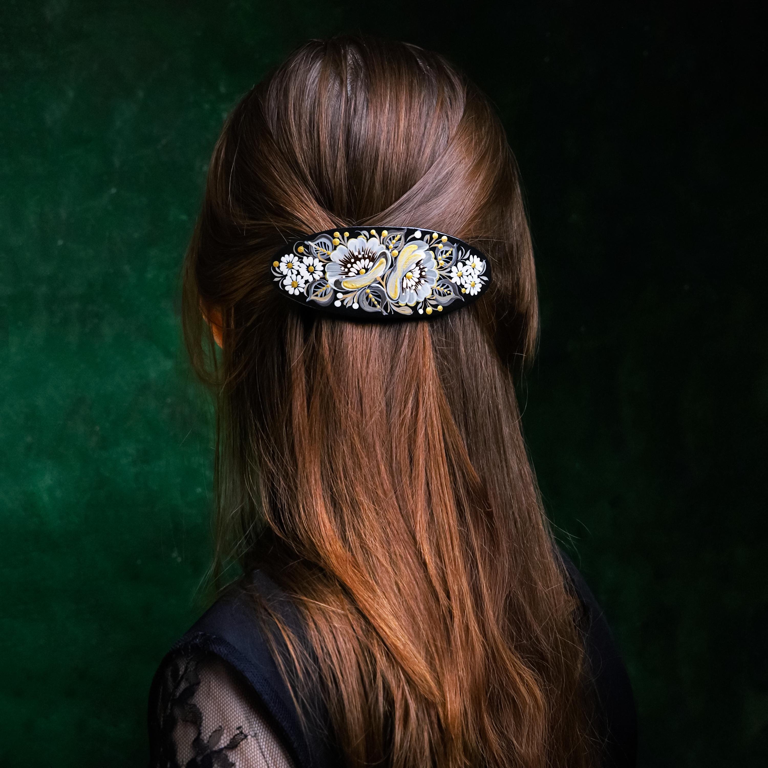 ヘアアクセサリー renacnatta Hair Wrap - Botanical - Nero Painted Wooden Hair Barrette - Large Oval Gray Gold Black Floral