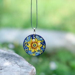 Wooden Ukrainian necklace, Hand-painted blue and yellow flower pendant, Lightweight Ukraine folk art charm, Petrykivka painted necklace image 8