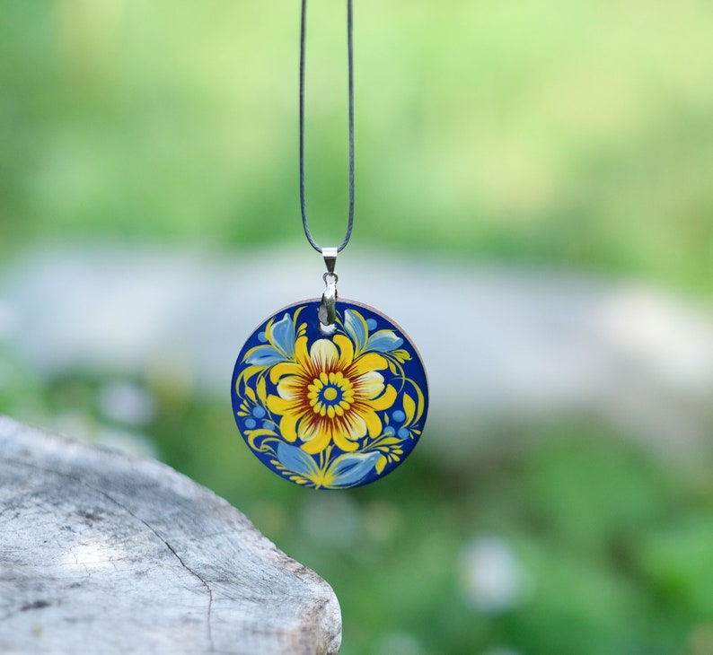 Wooden Ukrainian necklace, Hand-painted blue and yellow flower pendant, Lightweight Ukraine folk art charm, Petrykivka painted necklace image 8