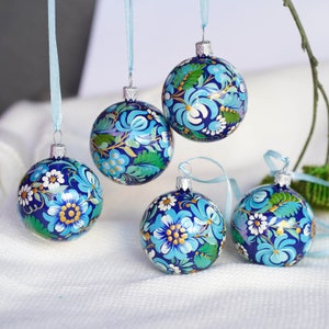 Set of 5 painted Christmas ornaments, Hand-painted Ukrainian Christmas ornaments 2", Handmade blue flower tree ball ornament set Petrykivka