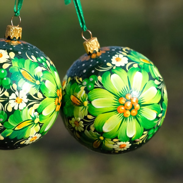 Hand-painted Christmas ornament, Ukrainian Christmas ornaments, Petrykivka Christmas tree baubles, Emerald green flower Christmas decoration