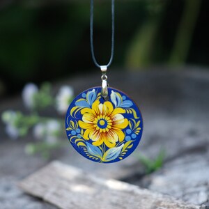 Wooden Ukrainian necklace, Hand-painted blue and yellow flower pendant, Lightweight Ukraine folk art charm, Petrykivka painted necklace image 5