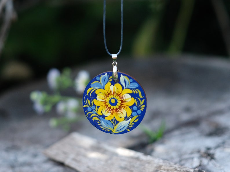 Wooden Ukrainian necklace, Hand-painted blue and yellow flower pendant, Lightweight Ukraine folk art charm, Petrykivka painted necklace image 5