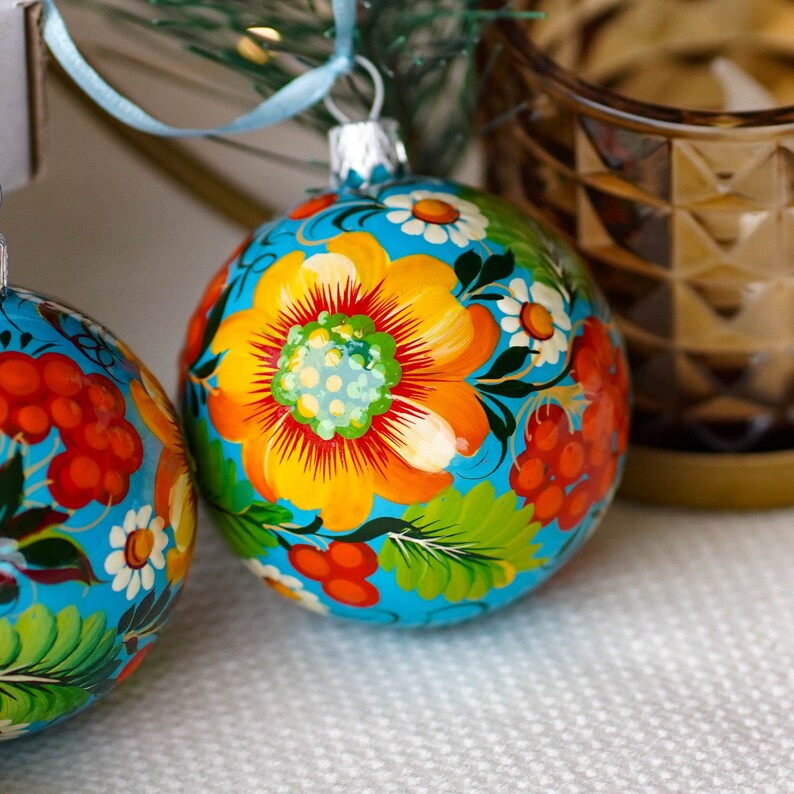 Hand painted set Ukrainian Sunflower ornaments 3 pcs gift-wrapped, Blue & yellow flower Christmas balls 2.4 in, Handmade Petrykivka ornament image 6