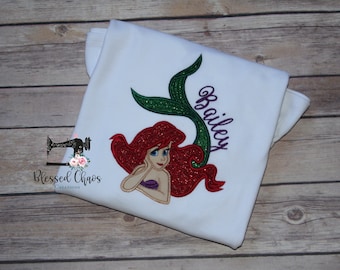 The Little Mermaid Ariel Appliqué Shirt, Ariel Birthday Shirt, Little Mermaid Theme Appliqué Shirt, Ariel Birthday Shirt, Mermaid Shirt