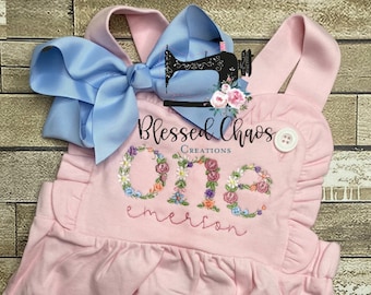 First Birthday Outfit, Girls First Birthday Sunsuit, Girls Ruffle Romper with Floral ONE, Personalized Birthday Bubble, Ruffle Romper