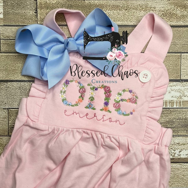 First Birthday Outfit, Girls First Birthday Sunsuit, Girls Ruffle Romper with Floral ONE, Personalized Birthday Bubble, Ruffle Romper
