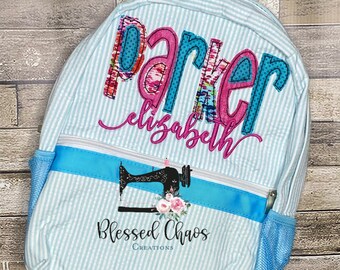 Kids Personalized Applique backpack, Fabric Name Backpack, Daycare Bookbag, Personalized Booksack, Seersucker Bookbag