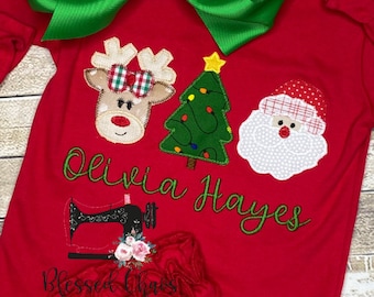 Personalized Christmas Romper, Embroidered Christmas Trio Outfit, Baby's First Christmas, Baby Girl Christmas Outfit, Girls Santa Outfit