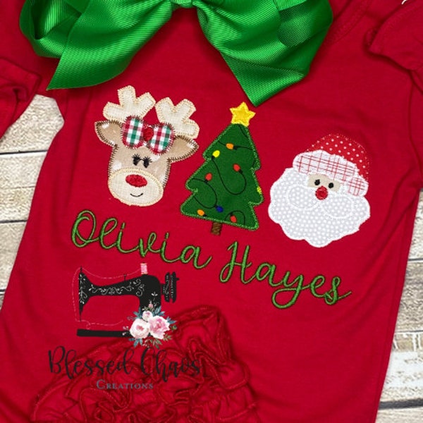 Personalized Christmas Romper, Embroidered Christmas Trio Outfit, Baby's First Christmas, Baby Girl Christmas Outfit, Girls Santa Outfit