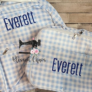Sac à dos brodé personnalisé pour enfants, sac à dos scolaire monogramme pour garçons, cartable en vichy bleu, sac de garderie, sac à livres personnalisé, nylon