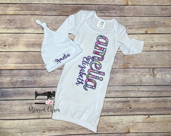 Floral Newborn Girls Baby Gown, Girls Going Home Outfit, Gown,Personalized Baby Gown, Baby Shower Gift