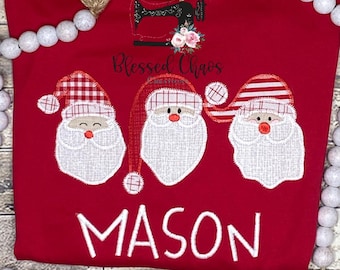 Personalized Christmas Romper, Embroidered Santa Trio Outfit, Baby's First Christmas, Baby Boy Christmas Outfit, Christmas Romper