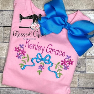 Personalized Girls Floral Monogram Shirt, Romper, Embroidered Floral Shirt, Girls Floral Shirt, Floral Design with Bow and Name