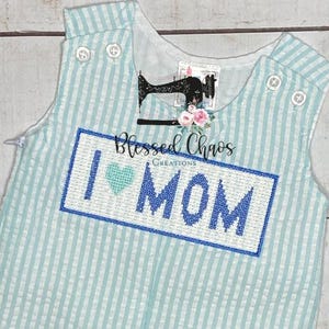I Love Mom Seersucker Jon Jon, Boys Mother's Day Outfit, I Love Mom Outfit, Boys Bubble, Seersucker Overalls image 3
