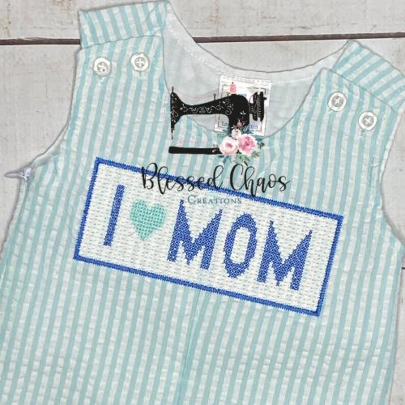 I Love Mom Seersucker Jon Jon, Boys Mother's Day Outfit, I Love Mom Outfit, Boys Bubble, Seersucker Overalls image 3