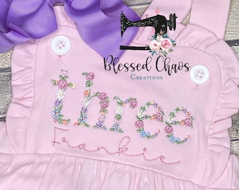 Third Birthday Outfit, Girls Third Birthday Sunsuit, Girls Ruffle Romper with Floral THREE, Personalized Birthday Bubble, Ruffle Romper
